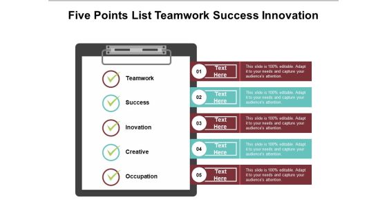 Five Points List Teamwork Success Innovation Ppt Powerpoint Presentation Inspiration Maker Five Points List Teamwork Success Innovation Ppt Powerpoint Presentation Inspiration Maker