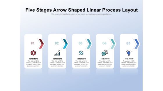 Five Stages Arrow Shaped Linear Process Layout Ppt PowerPoint Presentation Gallery Samples PDF