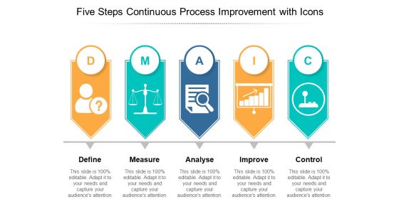 Five Steps Continuous Process Improvement With Icons Ppt PowerPoint Presentation Styles Model