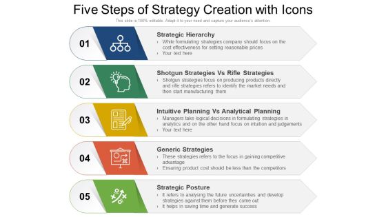 Five Steps Of Strategy Creation With Icons Ppt PowerPoint Presentation Icon Gallery PDF Five Steps Of Strategy Creation With Icons Ppt PowerPoint Presentation Icon Gallery PDF