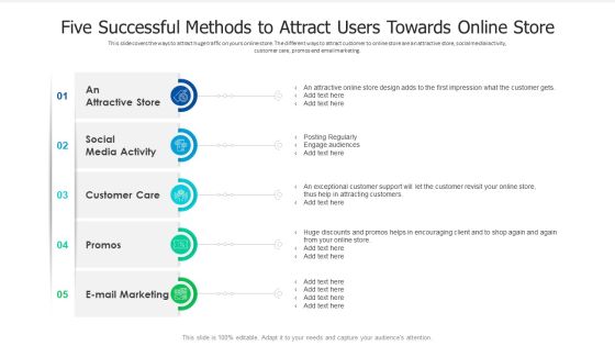 Five Successful Methods To Attract Users Towards Online Store Ppt PowerPoint Presentation Icon Graphics Design PDF Five Successful Methods To Attract Users Towards Online Store Ppt PowerPoint Presentation Icon Graphics Design PDF