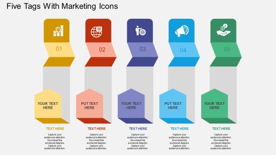 Five Tags With Marketing Icons Powerpoint Template Five Tags With Marketing Icons Powerpoint Template