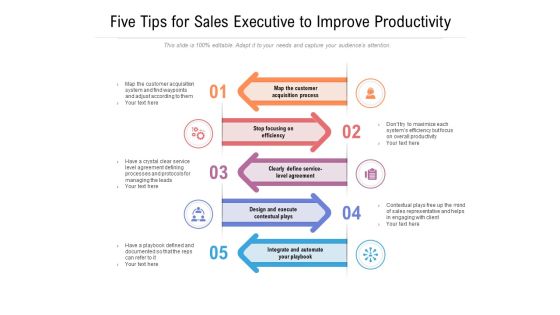 Five Tips For Sales Executive To Improve Productivity Ppt PowerPoint Presentation File Diagrams PDF