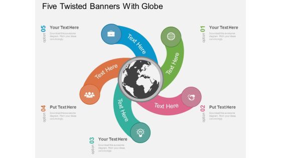 Five Twisted Banners With Globe Powerpoint Template Five Twisted Banners With Globe Powerpoint Template