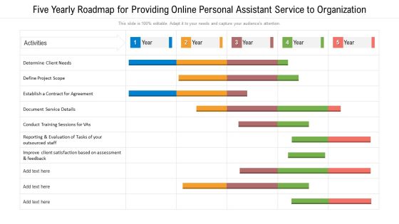Five Yearly Roadmap For Providing Online Personal Assistant Service To Organization Slides
