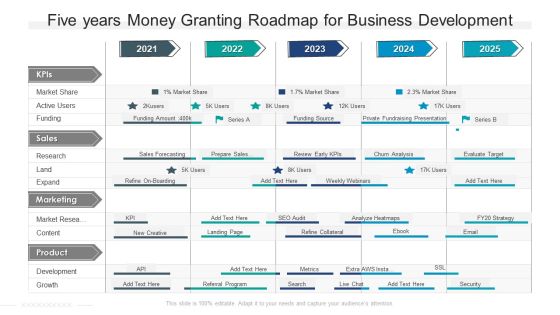 Five Years Money Granting Roadmap For Business Development Professional