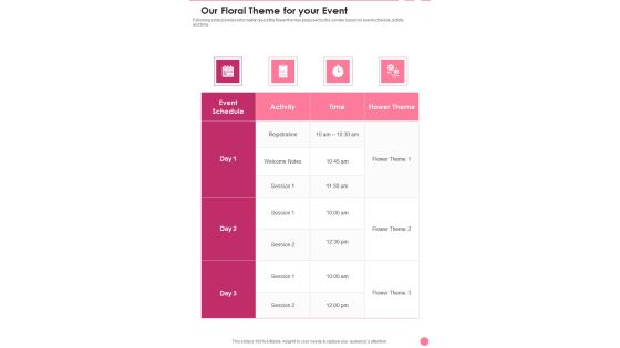 Floral Decorations Service Proposal Our Floral Theme For Your Event One Pager Sample Example Document Floral Decorations Service Proposal Our Floral Theme For Your Event One Pager Sample Example Document