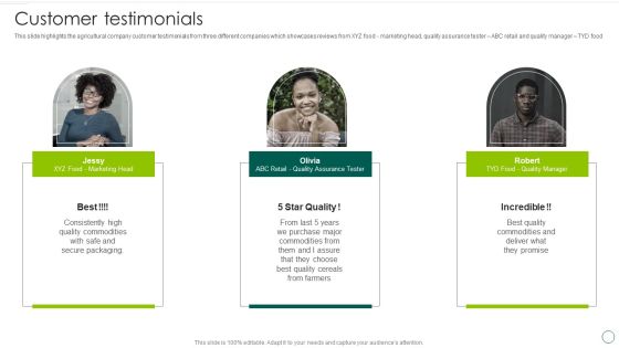 Food And Agro Company Outline Customer Testimonials Ppt Styles Graphics Design PDF Food And Agro Company Outline Customer Testimonials Ppt Styles Graphics Design PDF