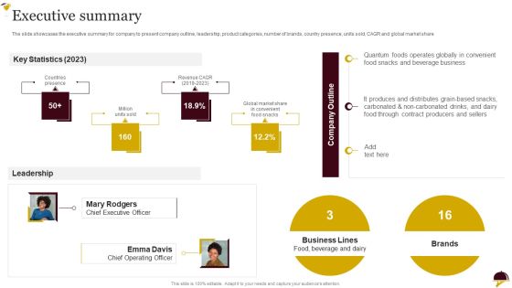 Food Company Overview Executive Summary Sample PDF