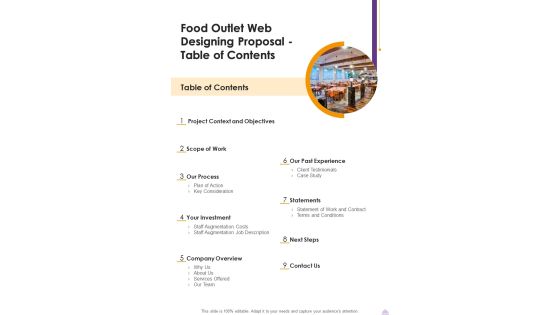 Food Outlet Web Designing Proposal Table Of Contents One Pager Sample Example Document Food Outlet Web Designing Proposal Table Of Contents One Pager Sample Example Document
