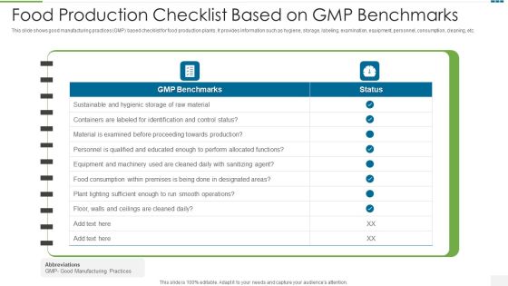 Food Production Checklist Based On GMP Benchmarks Formats PDF