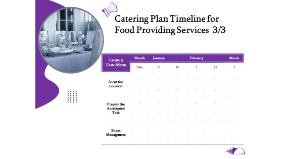 Food Providing Services Catering Plan Timeline For Food Providing Services Management Ppt PowerPoint Presentation Pictures Skills PDF Food Providing Services Catering Plan Timeline For Food Providing Services Management Ppt PowerPoint Presentation Pictures Skills PDF