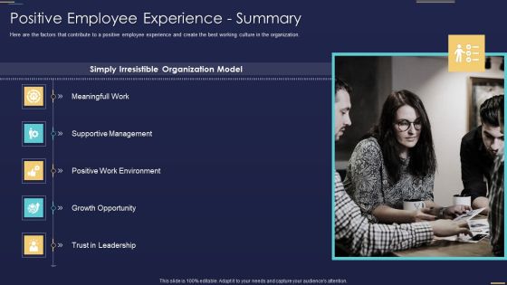 Formulating Workforce Experience Plan Company Positive Employee Experience Summary Icons PDF