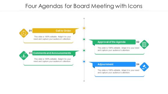Four Agendas For Board Meeting With Icons Ppt PowerPoint Presentation Gallery Pictures PDF Four Agendas For Board Meeting With Icons Ppt PowerPoint Presentation Gallery Pictures PDF