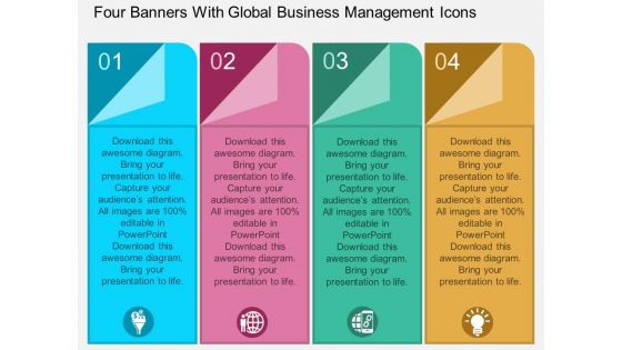 Four Banners With Global Business Management Icons Powerpoint Template Four Banners With Global Business Management Icons Powerpoint Template