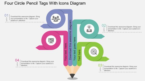 Four Circle Pencil Tags With Icons Diagram Powerpoint Template Four Circle Pencil Tags With Icons Diagram Powerpoint Template