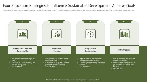 Four Education Strategies To Influence Sustainable Development Achieve Goals Infographics PDF Four Education Strategies To Influence Sustainable Development Achieve Goals Infographics PDF