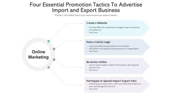 four essential promotion tactics to advertise import and export business ppt powerpoint presentation infographics slide download pdf four essential promotion tactics to advertise import and export business ppt powerpoint presentation infographics slide download pdf