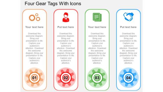Four Gear Tags With Icons Powerpoint Templates Four Gear Tags With Icons Powerpoint Templates