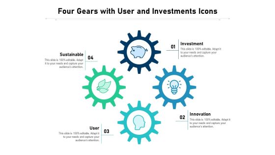 Four Gears With User And Investments Icons Ppt PowerPoint Presentation Visual Aids Backgrounds PDF Four Gears With User And Investments Icons Ppt PowerPoint Presentation Visual Aids Backgrounds PDF