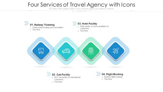 Four Services Of Travel Agency With Icons Ppt PowerPoint Presentation Icon Example PDF