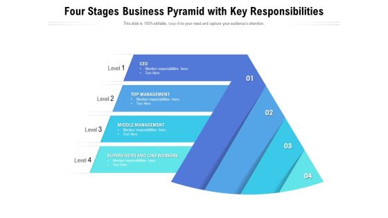 Four Stages Business Pyramid With Key Responsibilities Ppt PowerPoint Presentation File Diagrams PDF