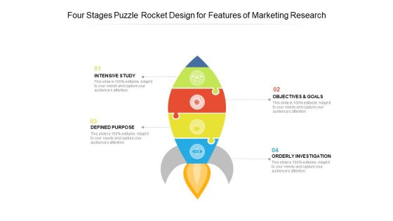 Four Stages Puzzle Rocket Design For Features Of Marketing Research Ppt Powerpoint Presentation Gallery Shapes Pdf