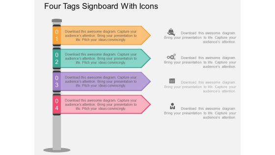 Four Tags Signboard With Icons Powerpoint Template Four Tags Signboard With Icons Powerpoint Template