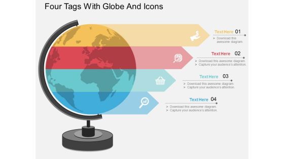 Four Tags With Globe And Icons Powerpoint Template Four Tags With Globe And Icons Powerpoint Template
