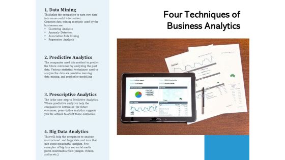 Four Techniques Of Business Analytics Ppt PowerPoint Presentation Gallery Elements PDF Four Techniques Of Business Analytics Ppt PowerPoint Presentation Gallery Elements PDF