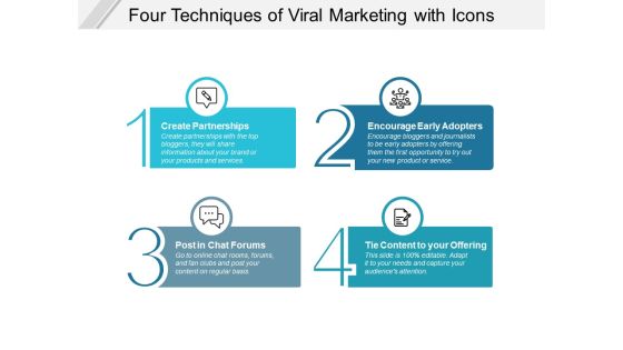 Four Techniques Of Viral Marketing With Icons Ppt PowerPoint Presentation Outline Influencers Four Techniques Of Viral Marketing With Icons Ppt PowerPoint Presentation Outline Influencers