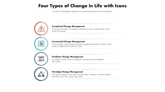 Four Types Of Change In Life With Icons Ppt PowerPoint Presentation Infographics Introduction Four Types Of Change In Life With Icons Ppt PowerPoint Presentation Infographics Introduction