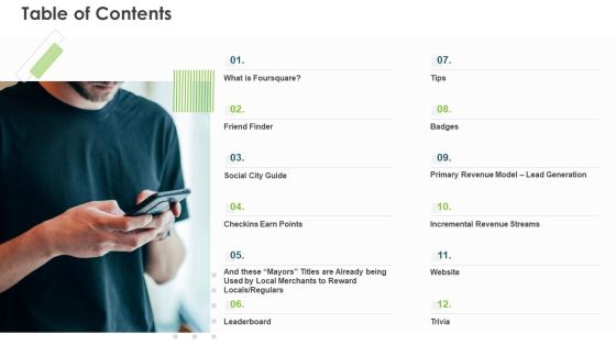 Foursquare Series A Pitch Deck Table Of Contents Ppt Outline Format Ideas PDF
