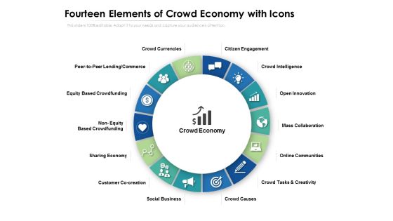 Fourteen Elements Of Crowd Economy With Icons Ppt PowerPoint Presentation Ideas Example