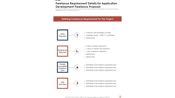 Freelance Requirement Details For Application Development Freelance Proposal One Pager Sample Example Document Freelance Requirement Details For Application Development Freelance Proposal One Pager Sample Example Document