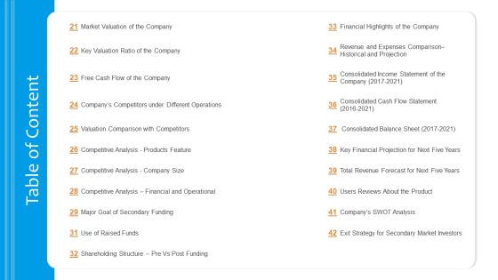 Funding Pitch To Raise Funds From PE Table Of Content Valuation Elements PDF Funding Pitch To Raise Funds From PE Table Of Content Valuation Elements PDF
