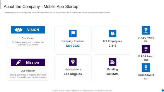 Fundraising Smartphone Application Startup About The Company Mobile App Startup Icons PDF Fundraising Smartphone Application Startup About The Company Mobile App Startup Icons PDF