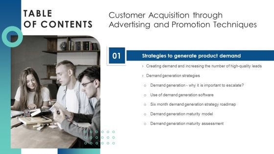 G11 Table Of Contents Customer Acquisition Through Advertising And Promotion Techniques Icons PDF
