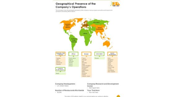 Geographical Presence Of The Companys Operations Template 104 One Pager Documents Geographical Presence Of The Companys Operations Template 104 One Pager Documents