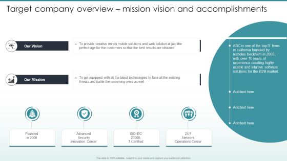 Guide To Mergers And Acquisitions Target Company Overview Mission Vision And Accomplishments Mockup PDF Guide To Mergers And Acquisitions Target Company Overview Mission Vision And Accomplishments Mockup PDF