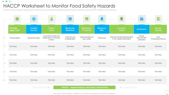 HACCP Worksheet To Monitor Food Safety Hazards Uplift Food Production Company Quality Standards Pictures PDF