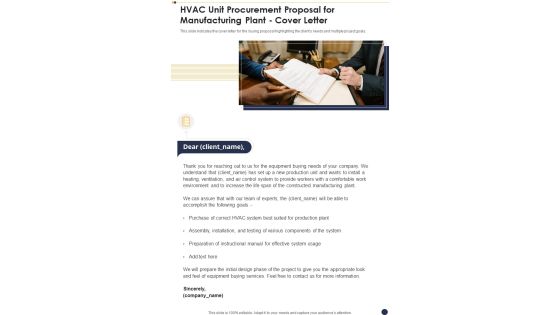 HVAC Unit Procurement Proposal For Manufacturing Plant Cover Letter One Pager Sample Example Document