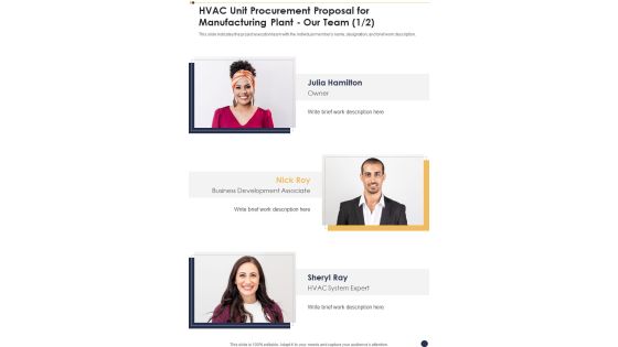 HVAC Unit Procurement Proposal For Manufacturing Plant Our Team One Pager Sample Example Document
