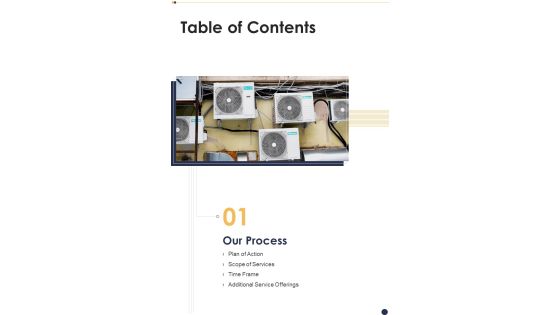 HVAC Unit Procurement Proposal For Manufacturing Table Of Contents One Pager Sample Example Document