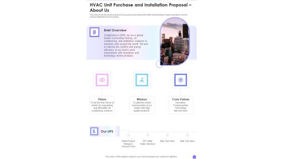 HVAC Unit Purchase And Installation Proposal About Us One Pager Sample Example Document