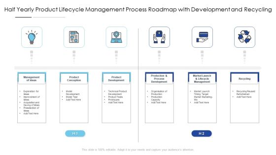 Half Yearly Product Lifecycle Management Process Roadmap With Development And Recycling Infographics Half Yearly Product Lifecycle Management Process Roadmap With Development And Recycling Infographics