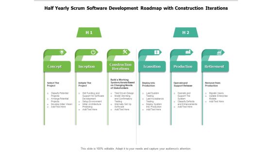 Half Yearly Scrum Software Development Roadmap With Construction Iterations Template