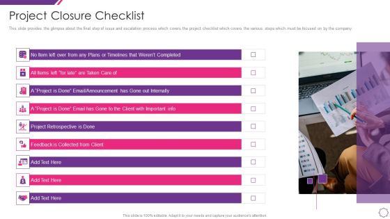 Handle Project Escalations Project Closure Checklist Ppt Icon Clipart PDF