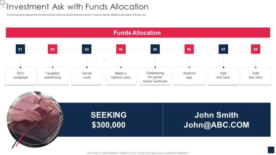 Health And Fitness App Pitch Deck Investment Ask With Funds Allocation Slides PDF Health And Fitness App Pitch Deck Investment Ask With Funds Allocation Slides PDF