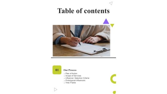 Hiring Influencers For Advertisement Proposal Table Of Contents One Pager Sample Example Document Hiring Influencers For Advertisement Proposal Table Of Contents One Pager Sample Example Document